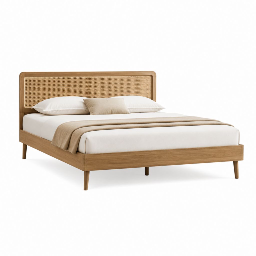 Doppelbett Bettgestell Naturbraun aus Gummibaum-Massivholz mit Rattan-Kopfteil 160 x 200 cm