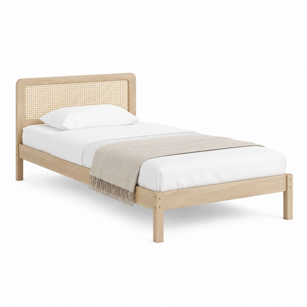 Einzelbettgestell Natur aus Eichenholz und Rattan mit Liegefläche 90 x 200 cm