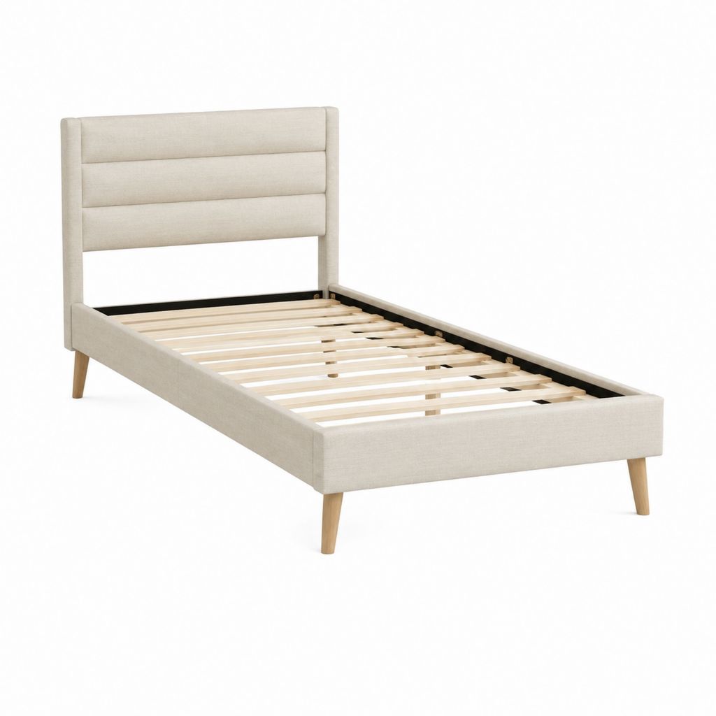Polsterbett Bettgestell Beige Polyester 90 x 200 cm mit Lattenrost und Kopfteil