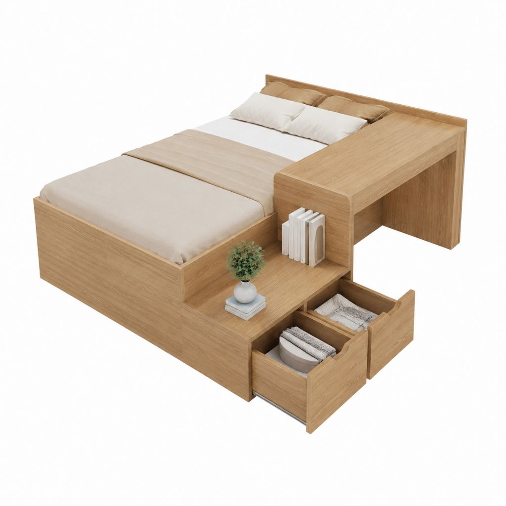 Stauraumbett mit Schreibtisch Natur Eiche MDF rechteckig 120 x 200 cm