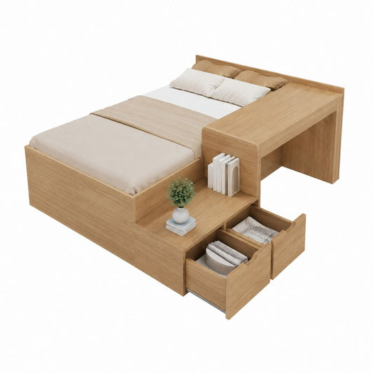 Stauraumbett mit Schreibtisch Natur Eiche MDF rechteckig 120 x 200 cm