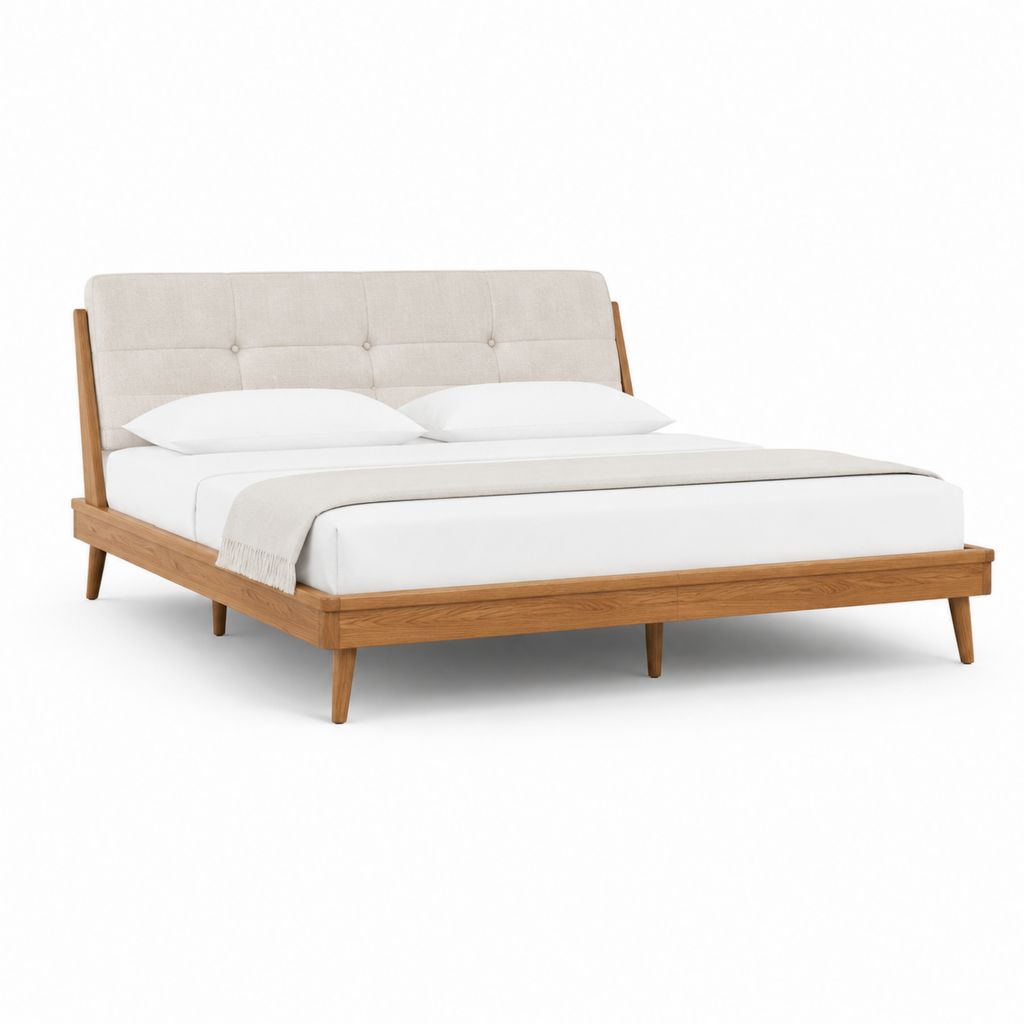 Doppelbett Bettgestell aus massivem Eichenholz mit gepolstertem Polyester-Kopfteil Naturbeige 180 x 200 cm