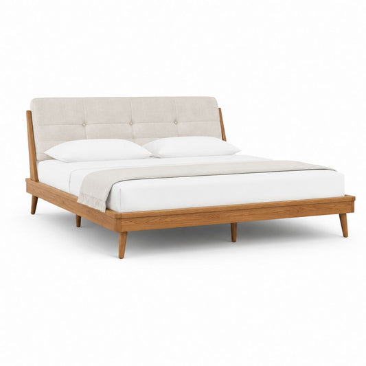 Doppelbett Bettgestell aus massivem Eichenholz mit gepolstertem Polyester-Kopfteil Naturbeige 180 x 200 cm