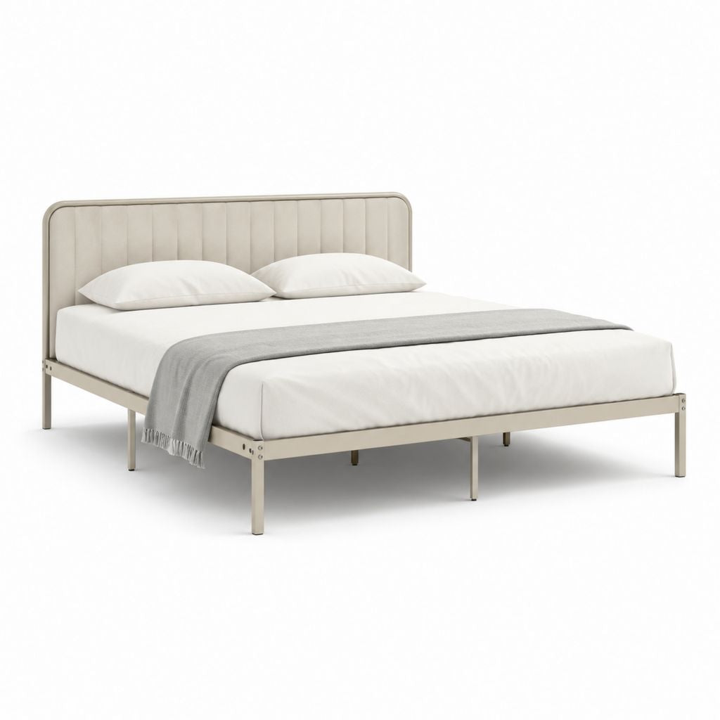 Doppelbettgestell Beige mit gepolstertem Polyester-Samt-Kopfteil und Stahlrahmen 160 x 200 cm