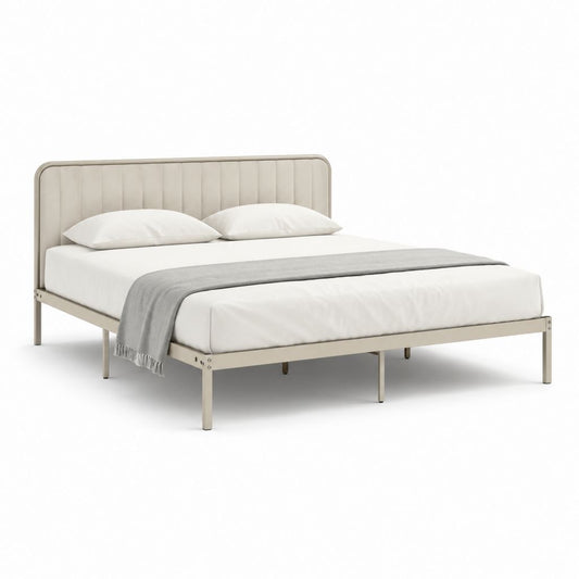 Doppelbettgestell Beige mit gepolstertem Polyester-Samt-Kopfteil und Stahlrahmen 160 x 200 cm